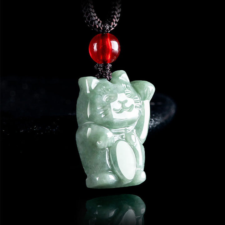 Buddha Stones Lucky Cat Jade Abundance Necklace Pendant