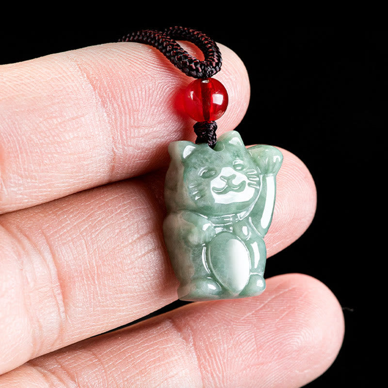 Buddha Stones Lucky Cat Jade Abundance Necklace Pendant