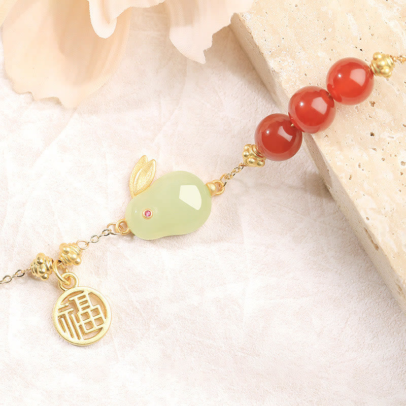 Buddha Stones Red Agate Beaded Hetian Jade Rabbit Fu Character Luck Buckle Chain Bracelet