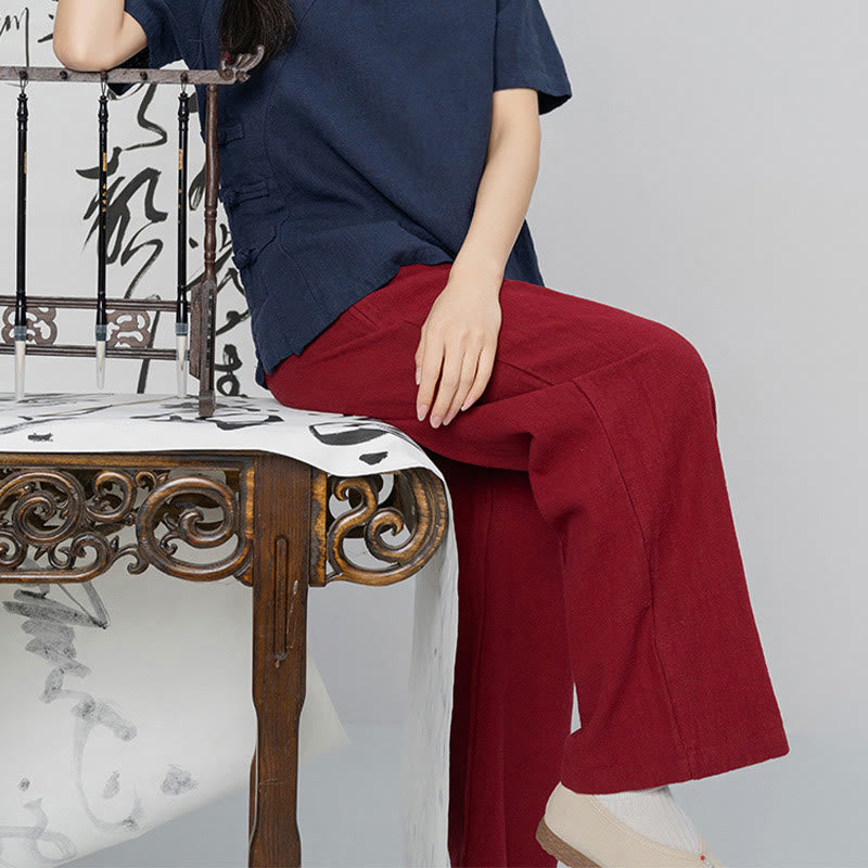 Buddha Stones Casual Plain Loose Straight Leg Women's Ramie Cotton Wide Leg Pants With Pockets - FireBrick - US6，UK/AU10，EU38 (L) - image 21