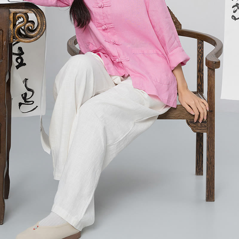 Buddha Stones Casual Plain Loose Straight Leg Women's Ramie Cotton Wide Leg Pants With Pockets - image 12