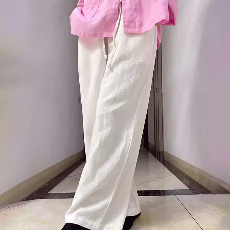 Buddha Stones Casual Plain Loose Straight Leg Women's Ramie Cotton Wide Leg Pants With Pockets - White - US6，UK/AU10，EU38 (L) - image 10