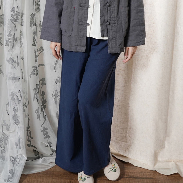 Buddha Stones Casual Plain Loose Straight Leg Women's Ramie Cotton Wide Leg Pants With Pockets - MidnightBlue - US6，UK/AU10，EU38 (L) - image 17