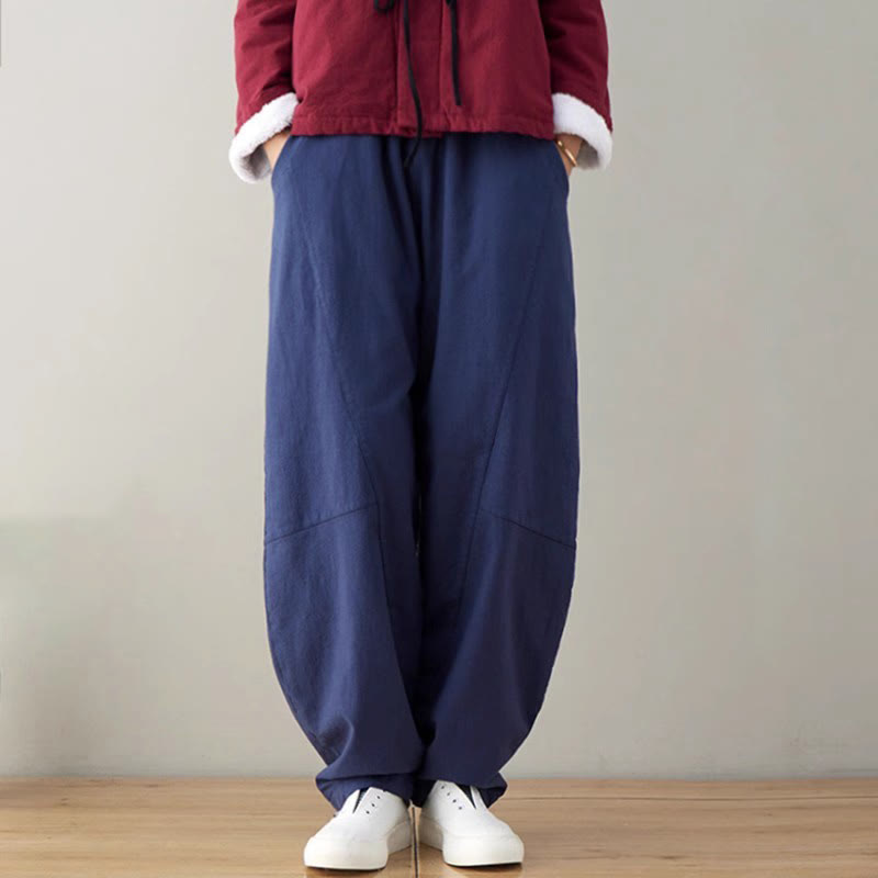 Buddha Stones Casual Plain Loose Women's Cotton Pants With Pockets - DarkBlue - US8-10，UK/AU12-14，EU40-42 (XL) - image 0