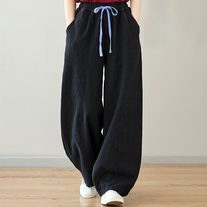 Buddha Stones Casual Plain Loose Rope Women's Cotton Linen Pants With Pockets - Black - US6，UK/AU10，EU38 (L) - image 0