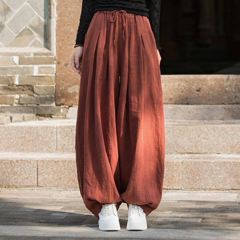 Buddha Stones Casual Plain Loose Waist Tie Rope Women's Ramie Cotton Pants With Pockets - image 1