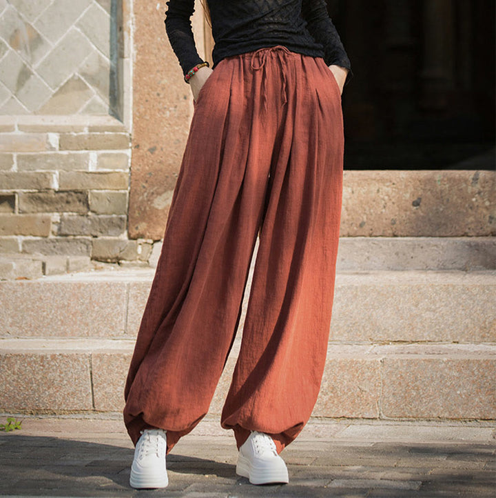 Buddha Stones Casual Plain Loose Waist Tie Rope Women's Ramie Cotton Pants With Pockets - image 5