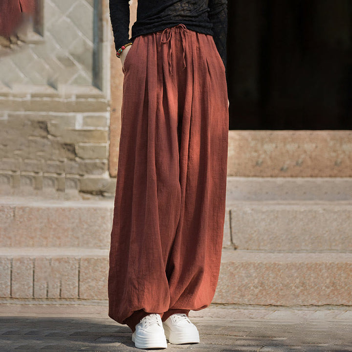 Buddha Stones Casual Plain Loose Waist Tie Rope Women's Ramie Cotton Pants With Pockets - image 3