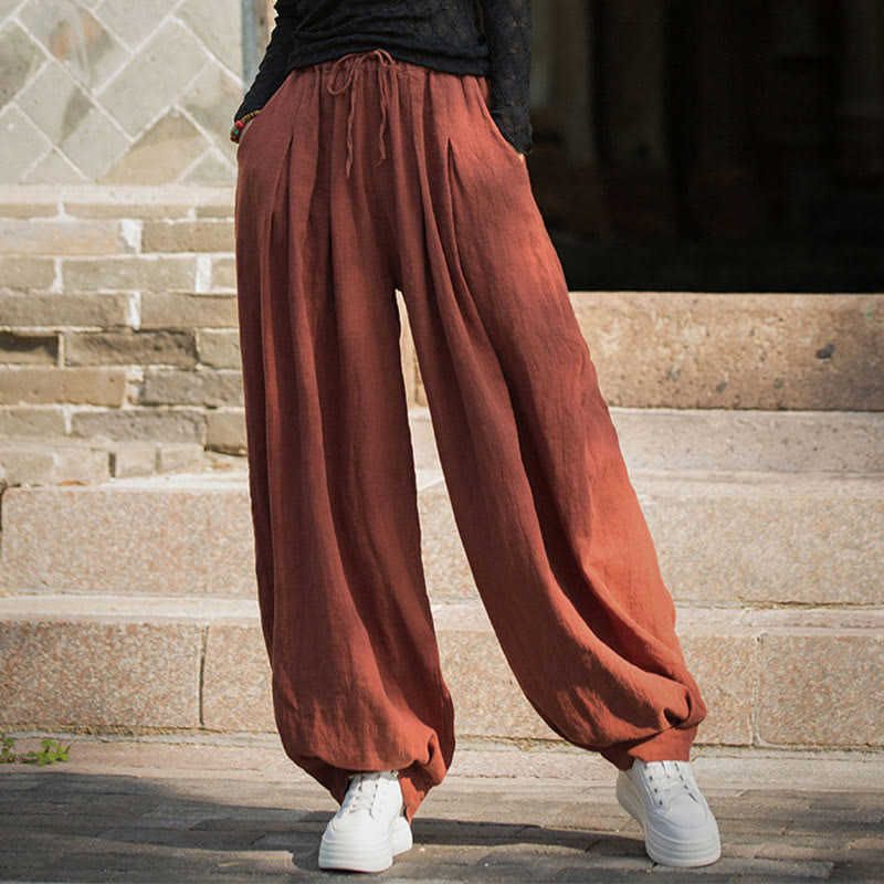 Buddha Stones Casual Plain Loose Waist Tie Rope Women's Ramie Cotton Pants With Pockets - image 7