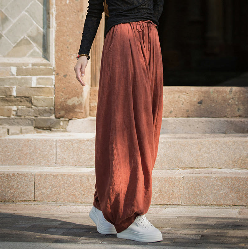 Buddha Stones Casual Plain Loose Waist Tie Rope Women's Ramie Cotton Pants With Pockets - image 8