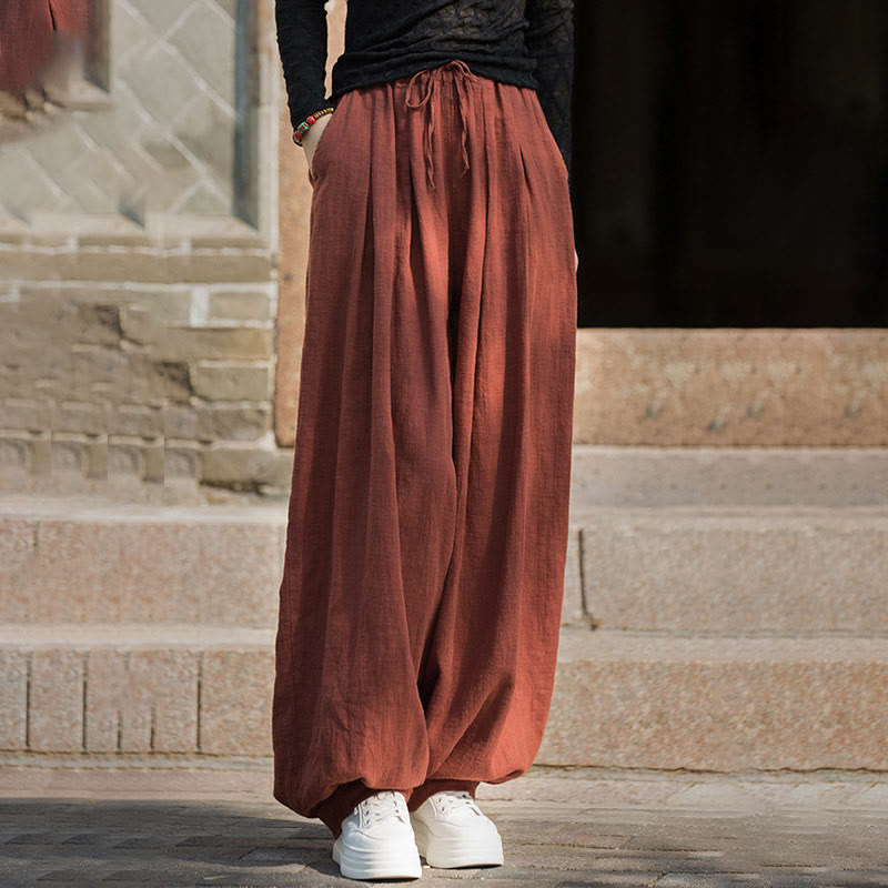 Buddha Stones Casual Plain Loose Waist Tie Rope Women's Ramie Cotton Pants With Pockets - image 3