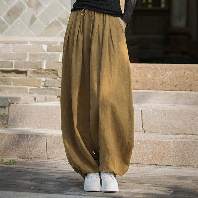 Buddha Stones Casual Plain Loose Waist Tie Rope Women's Ramie Cotton Pants With Pockets - image 10