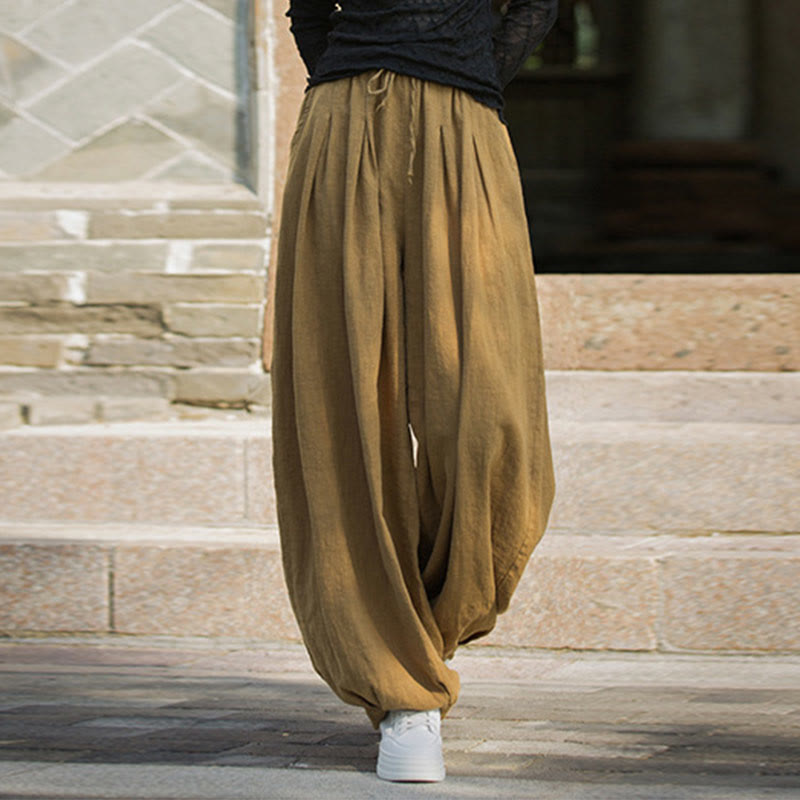 Buddha Stones Casual Plain Loose Waist Tie Rope Women's Ramie Cotton Pants With Pockets - Goldenrod - US4-6，UK/AU8-10，EU36-38 (F) - image 9
