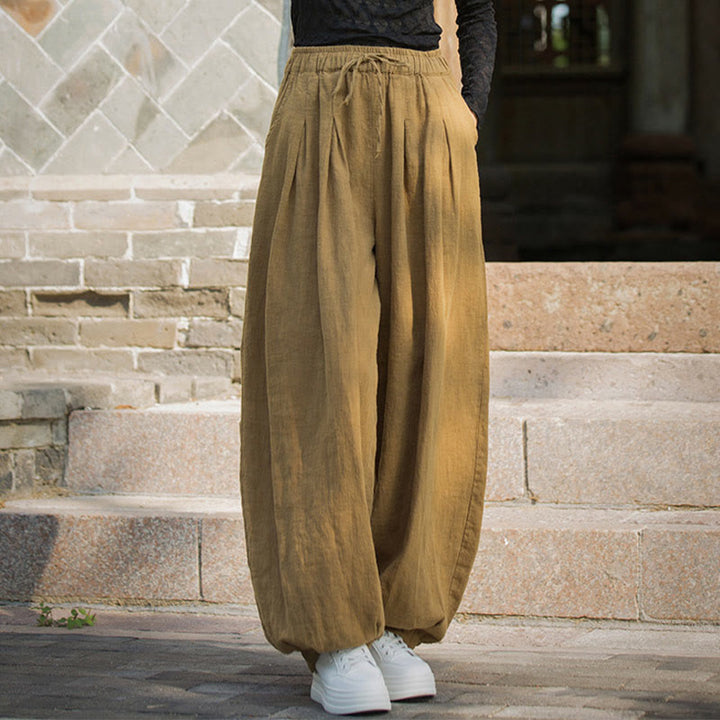 Buddha Stones Casual Plain Loose Waist Tie Rope Women's Ramie Cotton Pants With Pockets - image 14