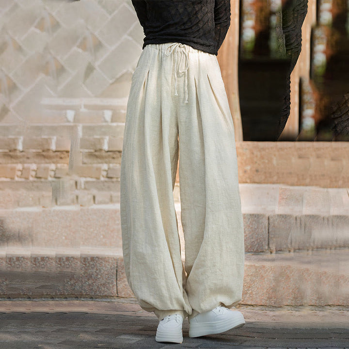 Buddha Stones Casual Plain Loose Waist Tie Rope Women's Ramie Cotton Pants With Pockets