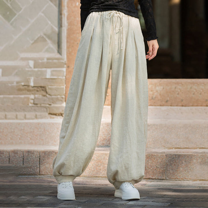 Buddha Stones Casual Plain Loose Waist Tie Rope Women's Ramie Cotton Pants With Pockets - image 28