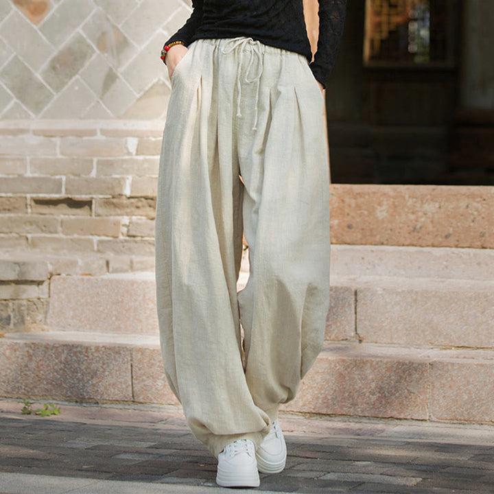 Buddha Stones Casual Plain Loose Waist Tie Rope Women's Ramie Cotton Pants With Pockets - image 26