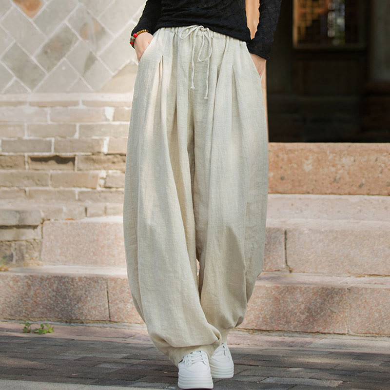 Buddha Stones Casual Plain Loose Waist Tie Rope Women's Ramie Cotton Pants With Pockets - image 27