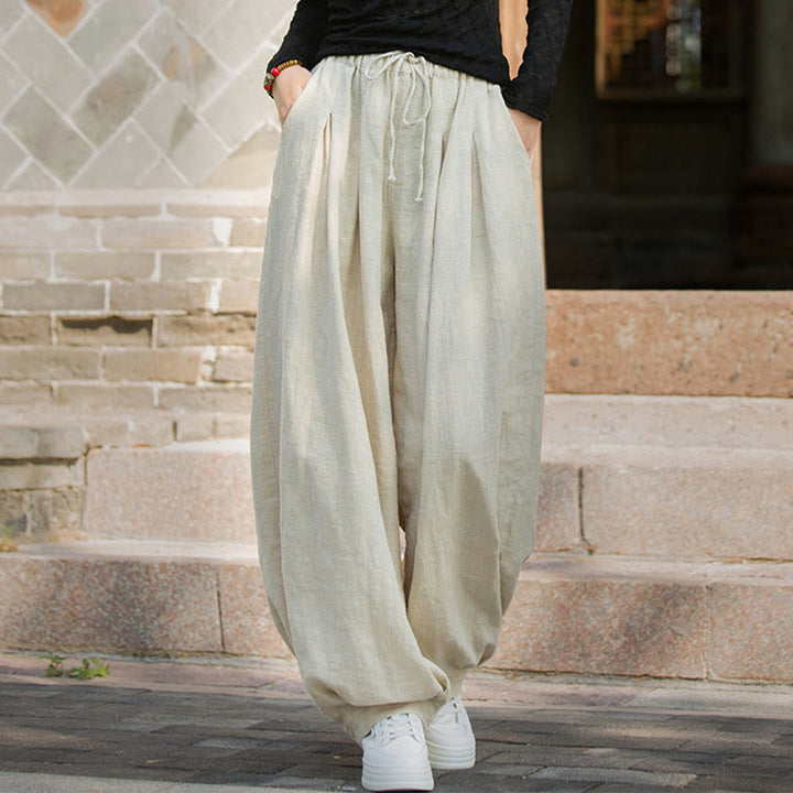 Buddha Stones Casual Plain Loose Waist Tie Rope Women's Ramie Cotton Pants With Pockets - image 27