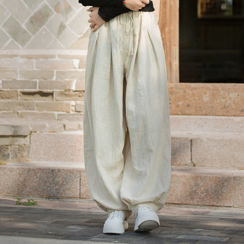 Buddha Stones Casual Plain Loose Waist Tie Rope Women's Ramie Cotton Pants With Pockets - image 25