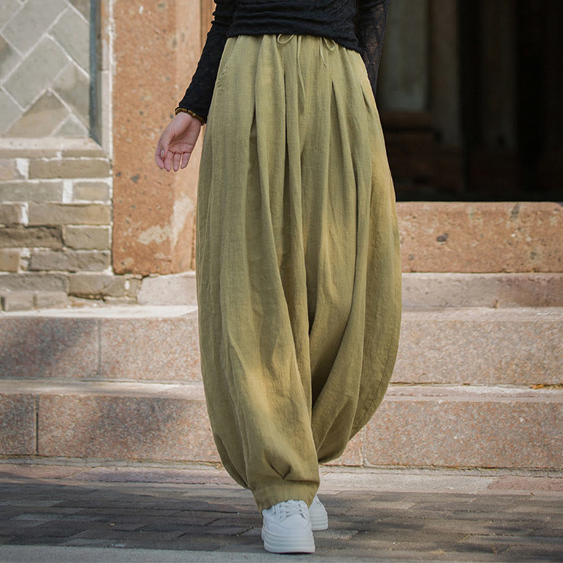 Buddha Stones Casual Plain Loose Waist Tie Rope Women's Ramie Cotton Pants With Pockets - image 33
