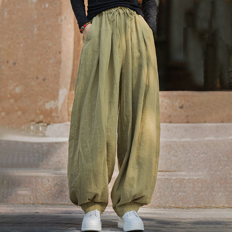Buddha Stones Casual Plain Loose Waist Tie Rope Women's Ramie Cotton Pants With Pockets - image 34