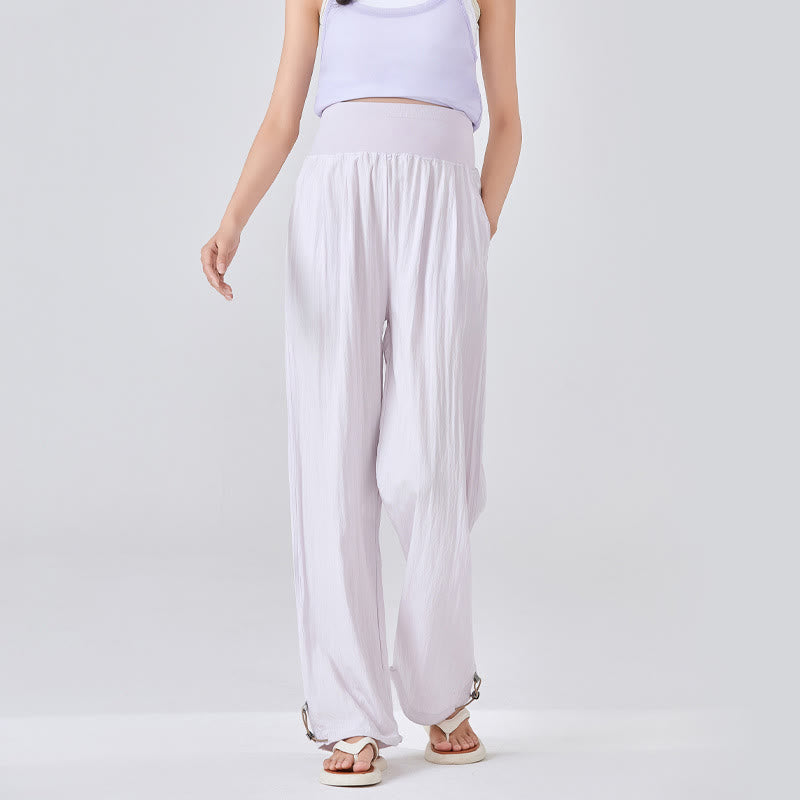 Buddha Stones Casual Plain Loose High elastic belly support Women's Viscose Wide Leg Pants With Pockets - MistyRose - US8-10，UK/AU12-14，EU40-42 (XL) - image 7