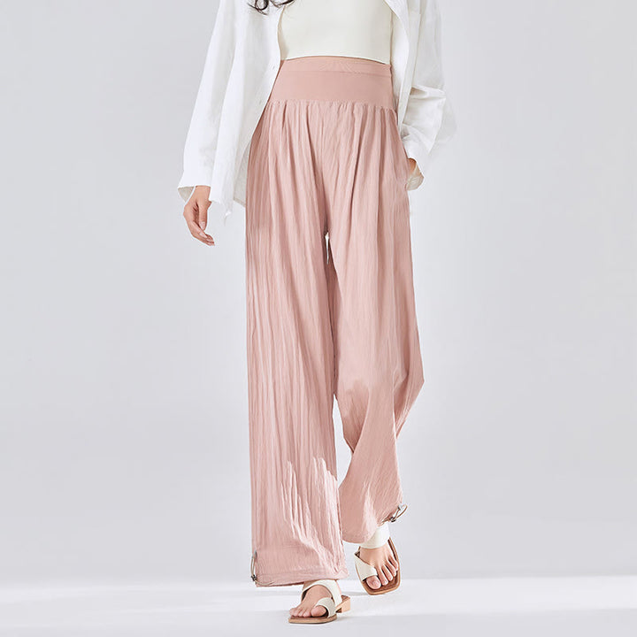 Buddha Stones Casual Plain Loose High elastic belly support Women's Viscose Wide Leg Pants With Pockets