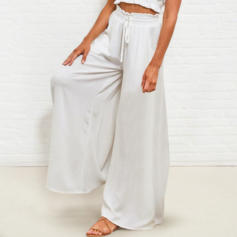Buddha Stones Casual High Elastic Waist Plain Loose Women's Polyester Wide Leg Pants With Pockets - image 6