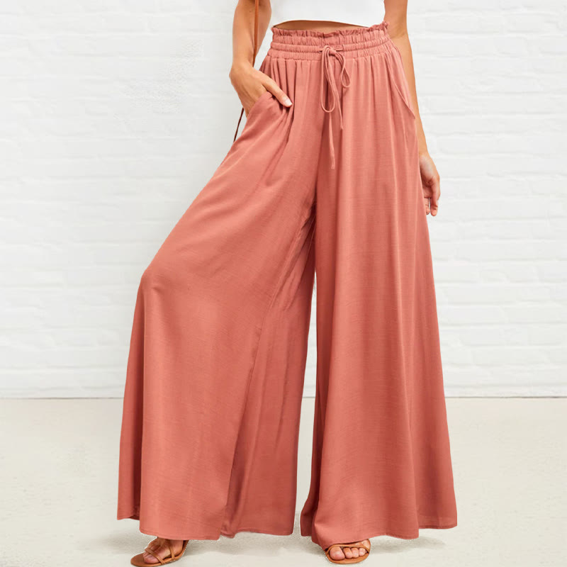 Buddha Stones Casual High Elastic Waist Plain Loose Women's Polyester Wide Leg Pants With Pockets - image 10