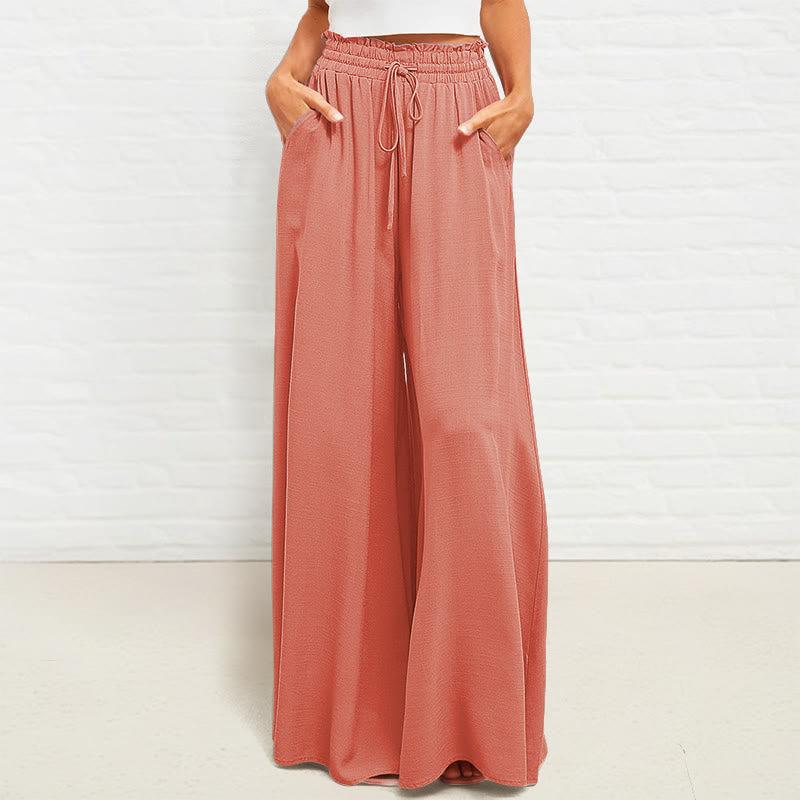 Buddha Stones Casual High Elastic Waist Plain Loose Women's Polyester Wide Leg Pants With Pockets