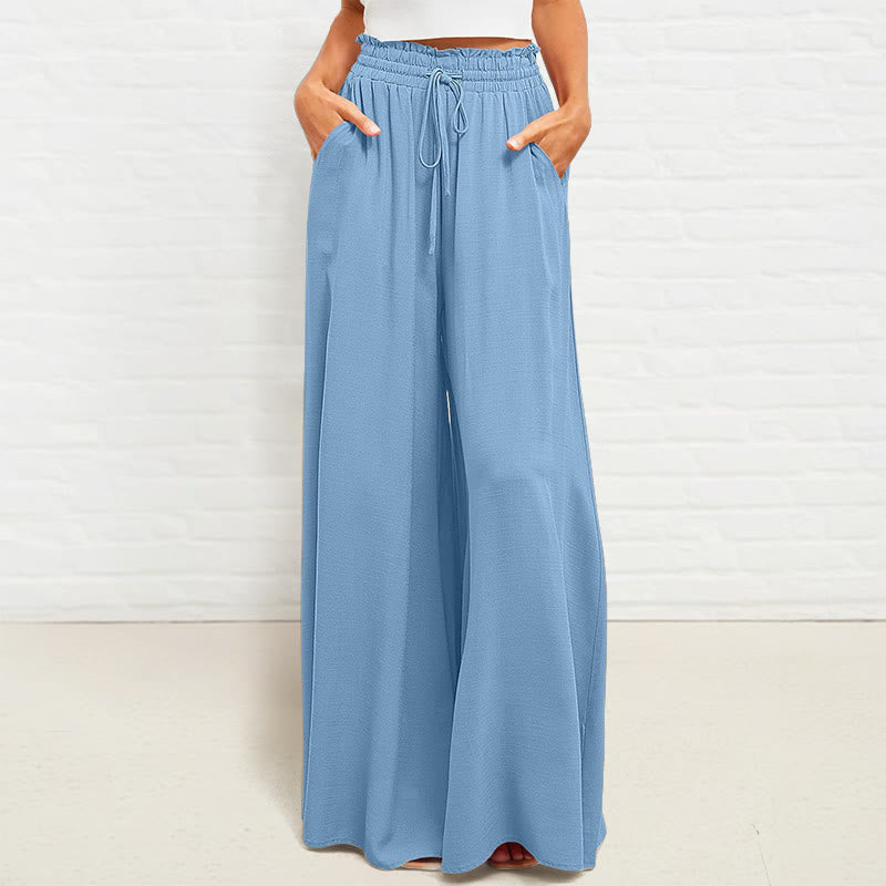 Buddha Stones Casual High Elastic Waist Plain Loose Women's Polyester Wide Leg Pants With Pockets - LightSkyBlue - US12，UK/AU16，EU44 (2XL) - image 13