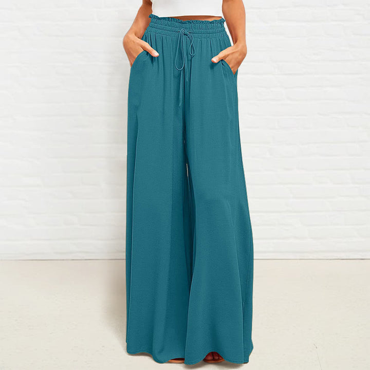 Buddha Stones Casual High Elastic Waist Plain Loose Women's Polyester Wide Leg Pants With Pockets - DarkCyan - US12，UK/AU16，EU44 (2XL) - image 18