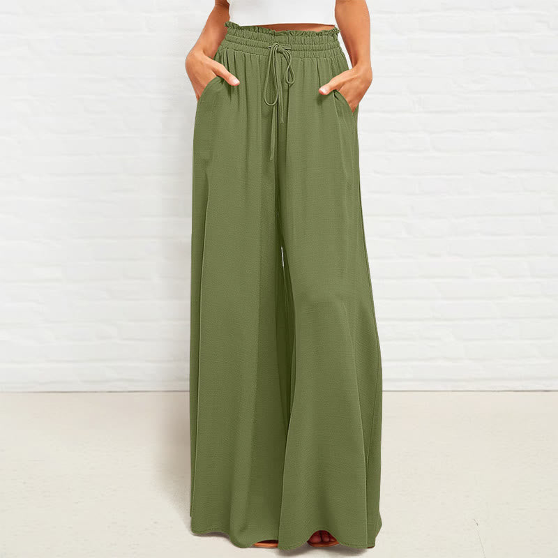 Buddha Stones Casual High Elastic Waist Plain Loose Women's Polyester Wide Leg Pants With Pockets - Olive - US12，UK/AU16，EU44 (2XL) - image 22