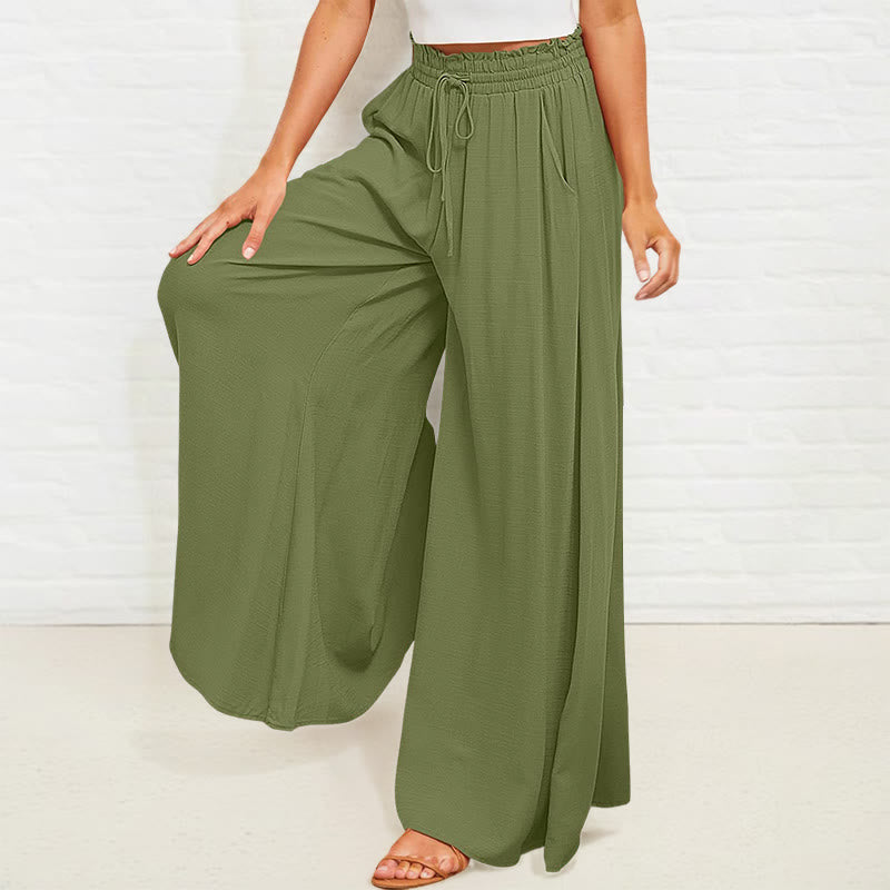 Buddha Stones Casual High Elastic Waist Plain Loose Women's Polyester Wide Leg Pants With Pockets - image 23