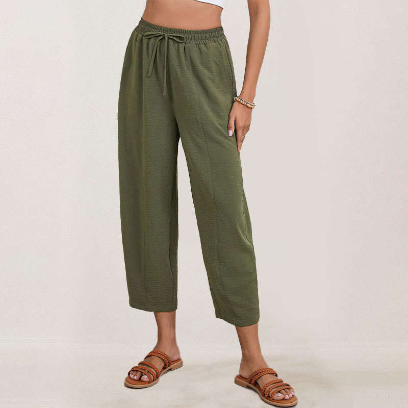 Buddha Stones Casual Plain Loose Drawstring Women's Polyester 7/8 Length Pants  With Pockets