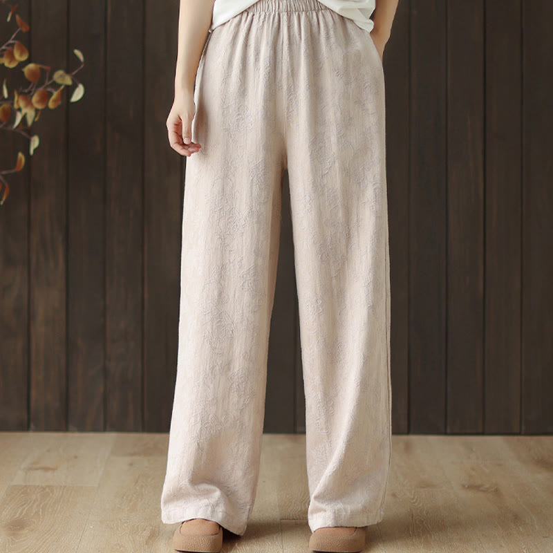 Buddha Stones Casual Loose Jacquard Women's Cotton Linen Wide Leg Pants With Pockets