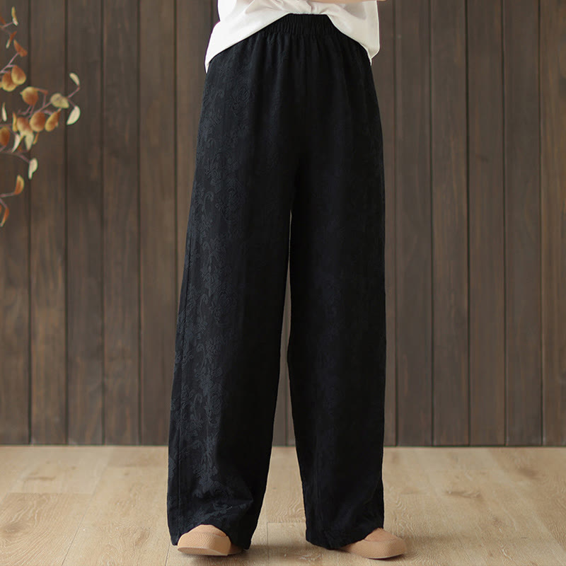 Buddha Stones Casual Loose Jacquard Women's Cotton Linen Wide Leg Pants With Pockets