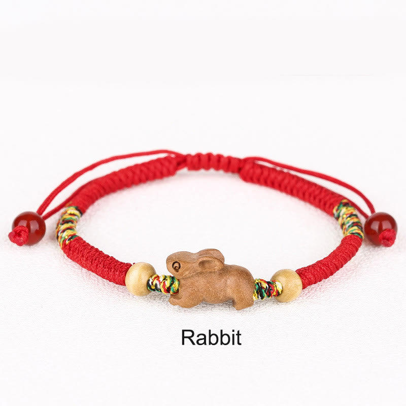 Buddha Stones Handmade Chinese Zodiac Red String Peach Wood Luck Bracelet