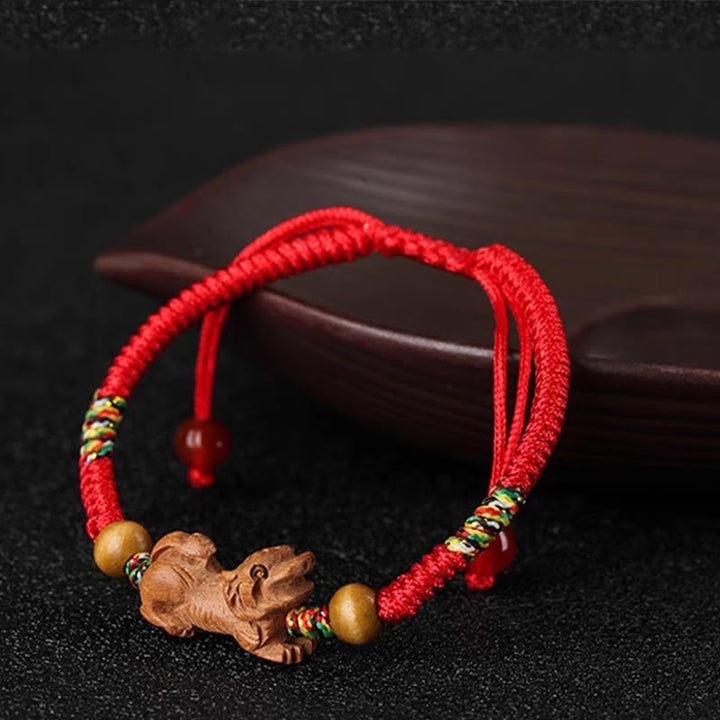 Buddha Stones Handmade Chinese Zodiac Red String Peach Wood Luck Bracelet