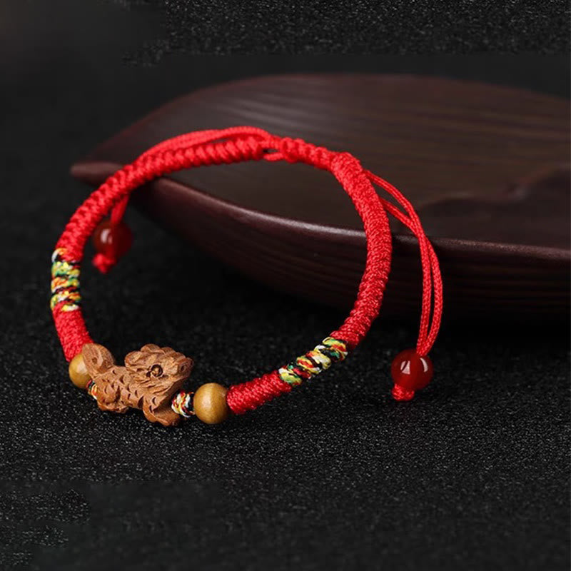 Buddha Stones Handmade Chinese Zodiac Red String Peach Wood Luck Bracelet