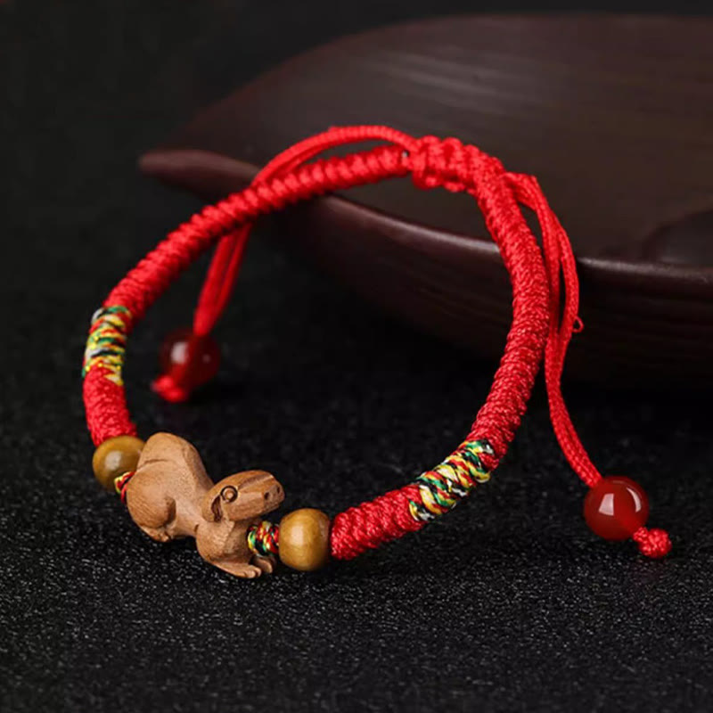 Buddha Stones Handmade Chinese Zodiac Red String Peach Wood Luck Bracelet