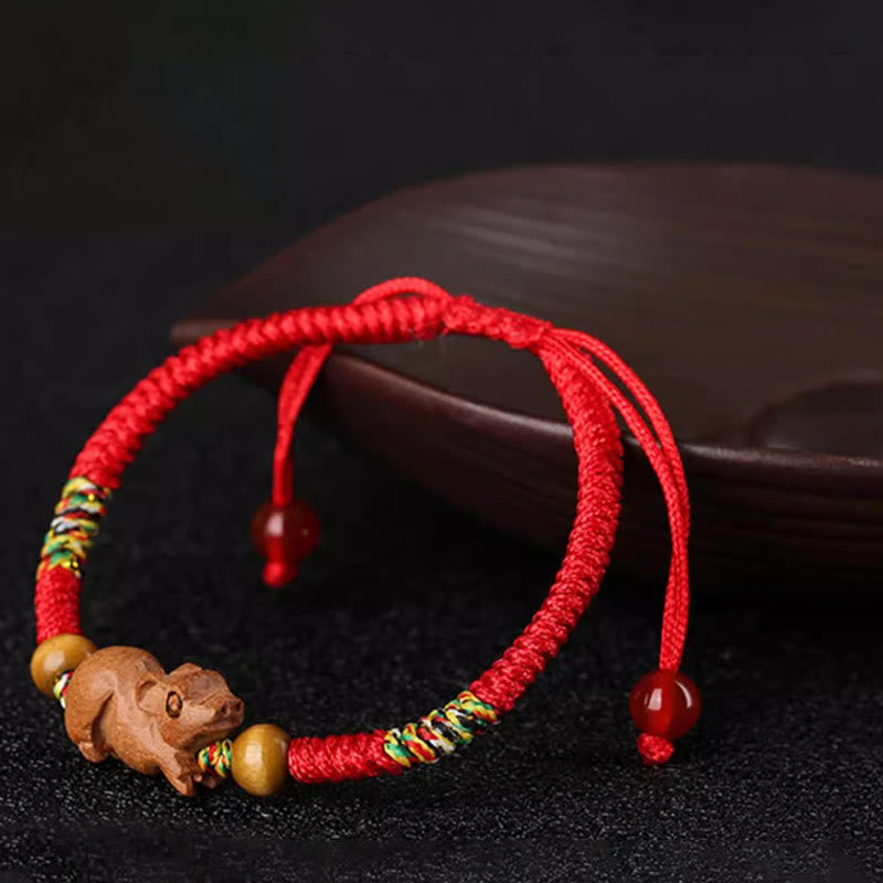 Buddha Stones Handmade Chinese Zodiac Red String Peach Wood Luck Bracelet