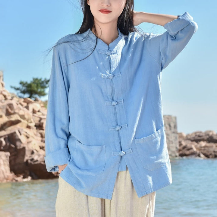 Buddha Stones Solid Color Frog-button Long Sleeve Cotton Linen Women's Shirts With Pockets - LightSkyBlue - US8-10，UK/AU12-14，EU40-42 (XL) - image 6