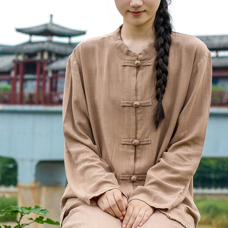 Buddha Stones Solid Color Frog-button Long Sleeve Cotton Linen Women's Shirts With Pockets - image 21