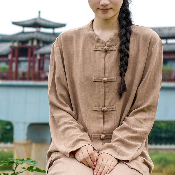 Buddha Stones Solid Color Frog-button Long Sleeve Cotton Linen Women's Shirts With Pockets - image 21