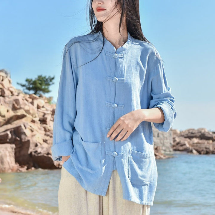 Buddha Stones Solid Color Frog-button Long Sleeve Cotton Linen Women's Shirts With Pockets - image 7