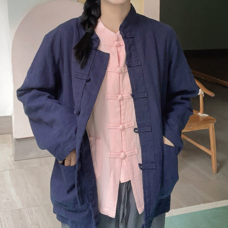 Buddha Stones Solid Color Frog-button Long Sleeve Cotton Linen Women's Shirts With Pockets - image 20