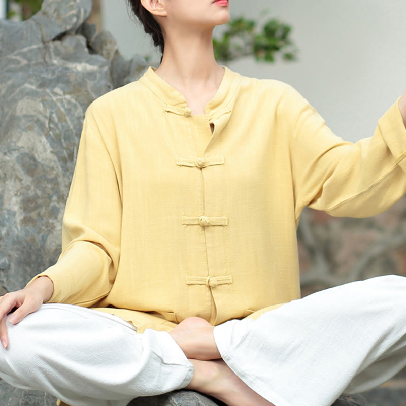 Buddha Stones Solid Color Frog-button Long Sleeve Cotton Linen Women's Shirts With Pockets - Khaki - US8-10，UK/AU12-14，EU40-42 (XL) - image 14
