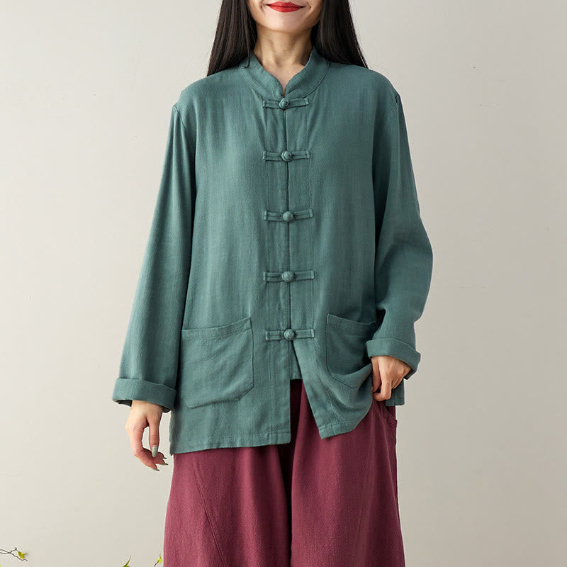 Buddha Stones Solid Color Frog-button Long Sleeve Cotton Linen Women's Shirts With Pockets - CadetBlue - US6，UK/AU10，EU38 (XL) - image 10
